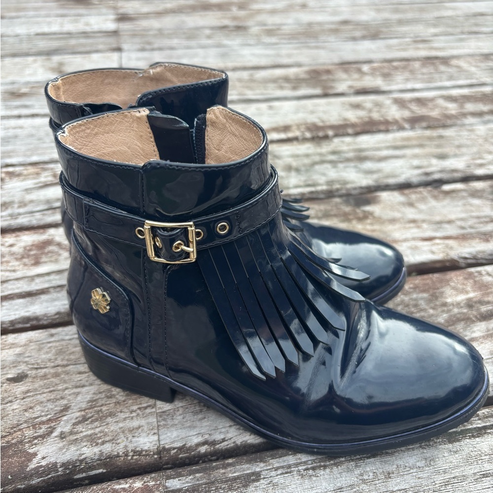 Mayoral Navy Patent Ankle Boots with Gold Hardware & Fringe Detail